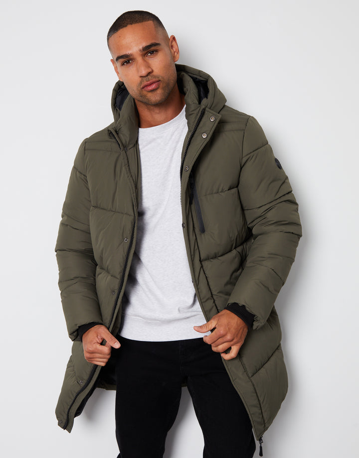 Khaki Green Showerproof Hooded Longline Puffer Jacket