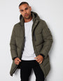 Khaki Green Showerproof Hooded Longline Puffer Jacket
