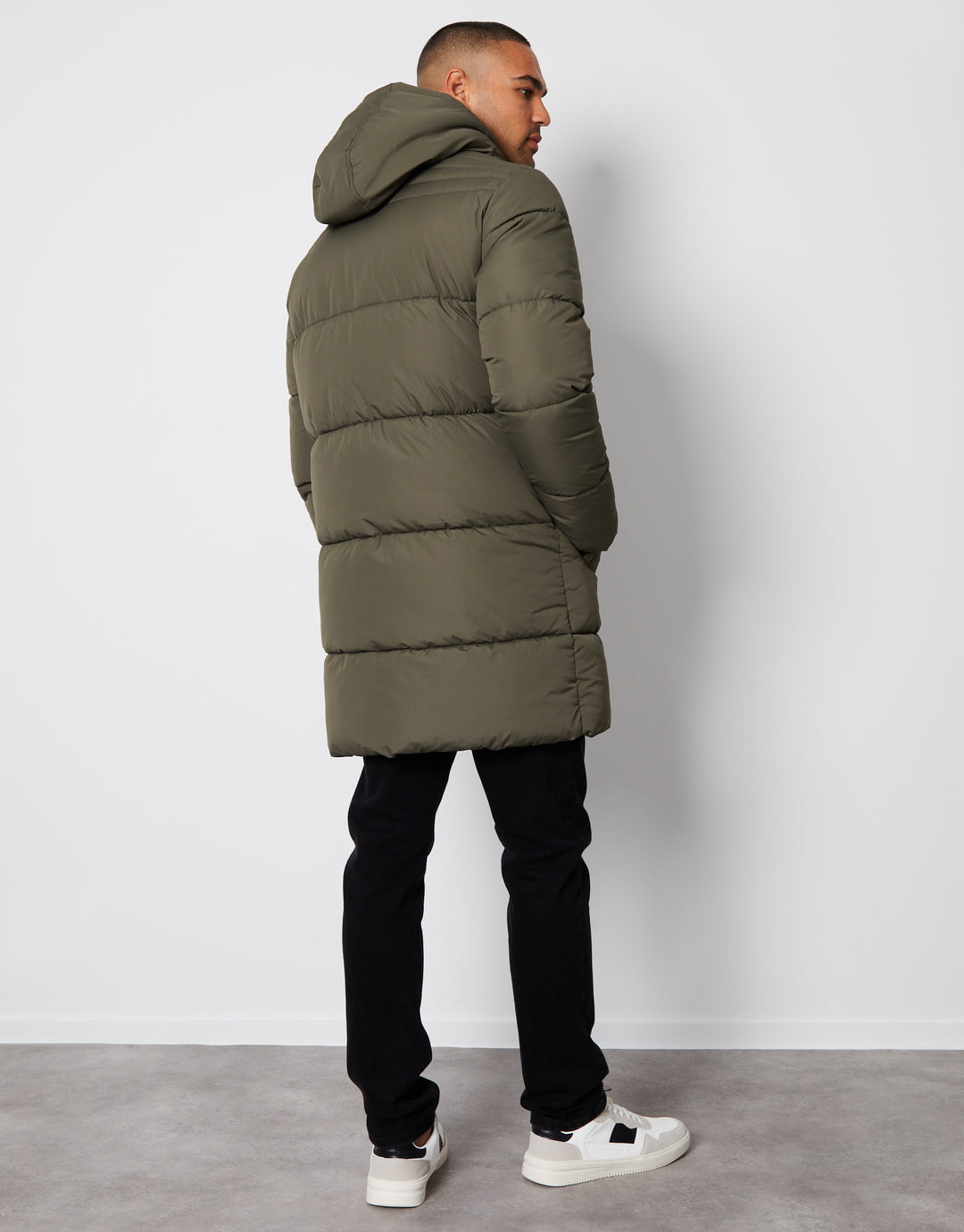 Khaki Green Showerproof Hooded Longline Puffer Jacket