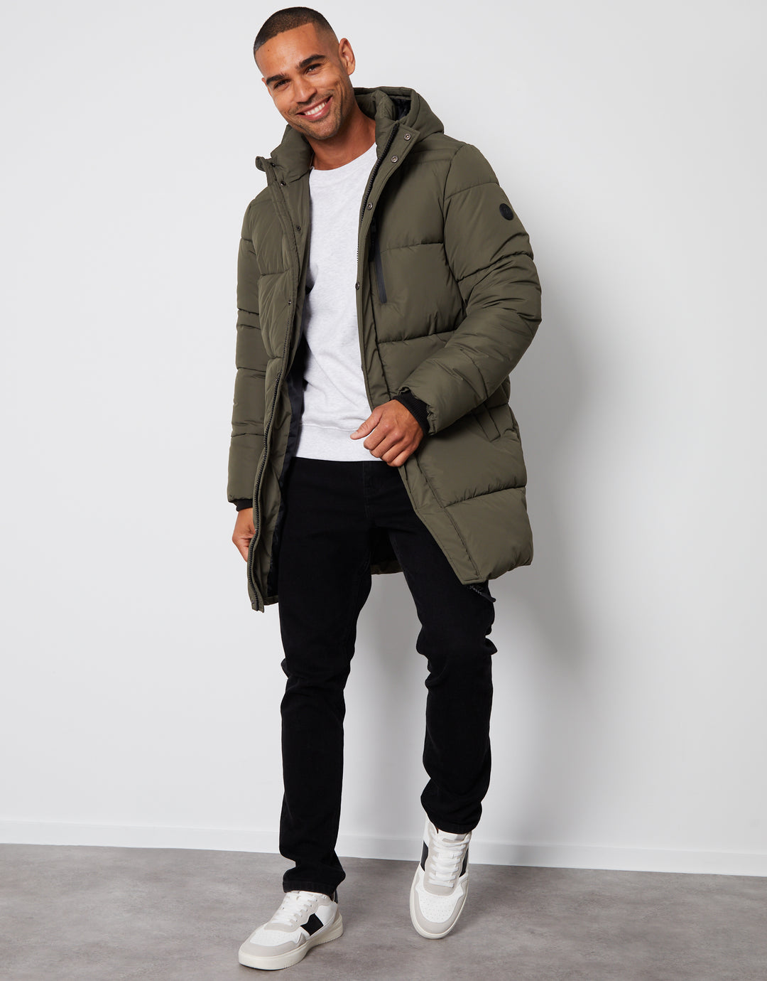 Khaki Green Showerproof Hooded Longline Puffer Jacket