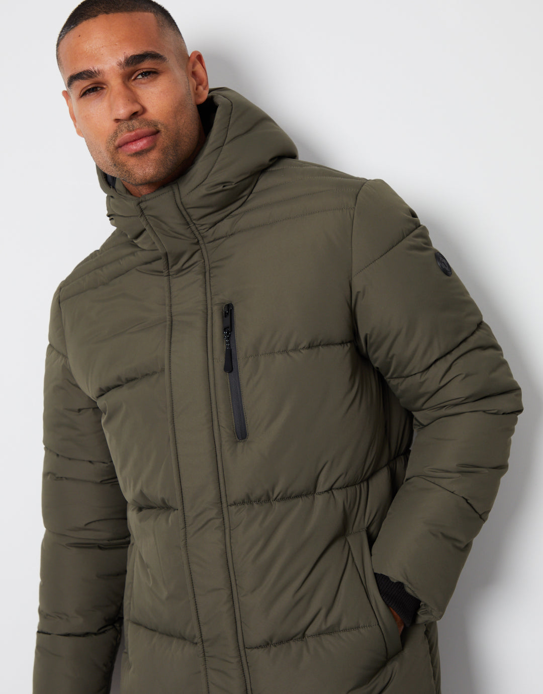 Khaki Green Showerproof Hooded Longline Puffer Jacket