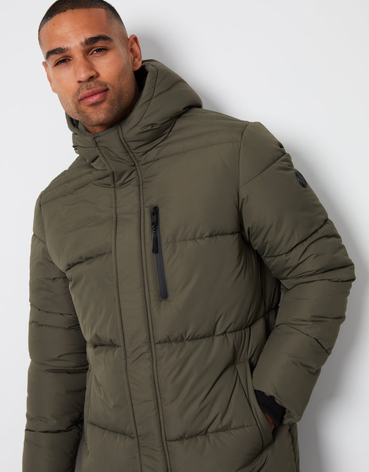 Khaki Green Showerproof Hooded Longline Puffer Jacket