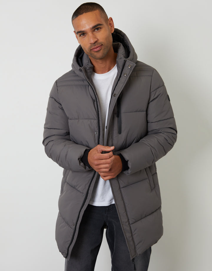 Slate Grey Showerproof Hooded Longline Puffer Jacket