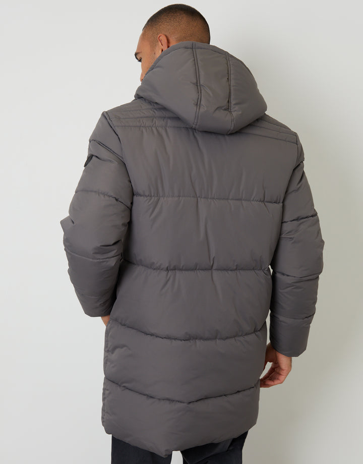 Slate Grey Showerproof Hooded Longline Puffer Jacket