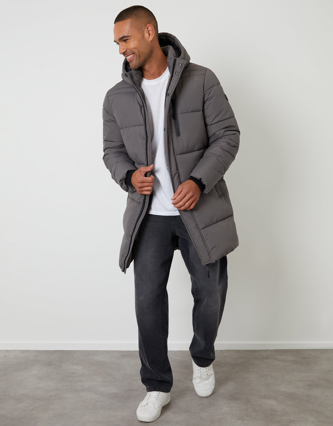 Slate Grey Showerproof Hooded Longline Puffer Jacket