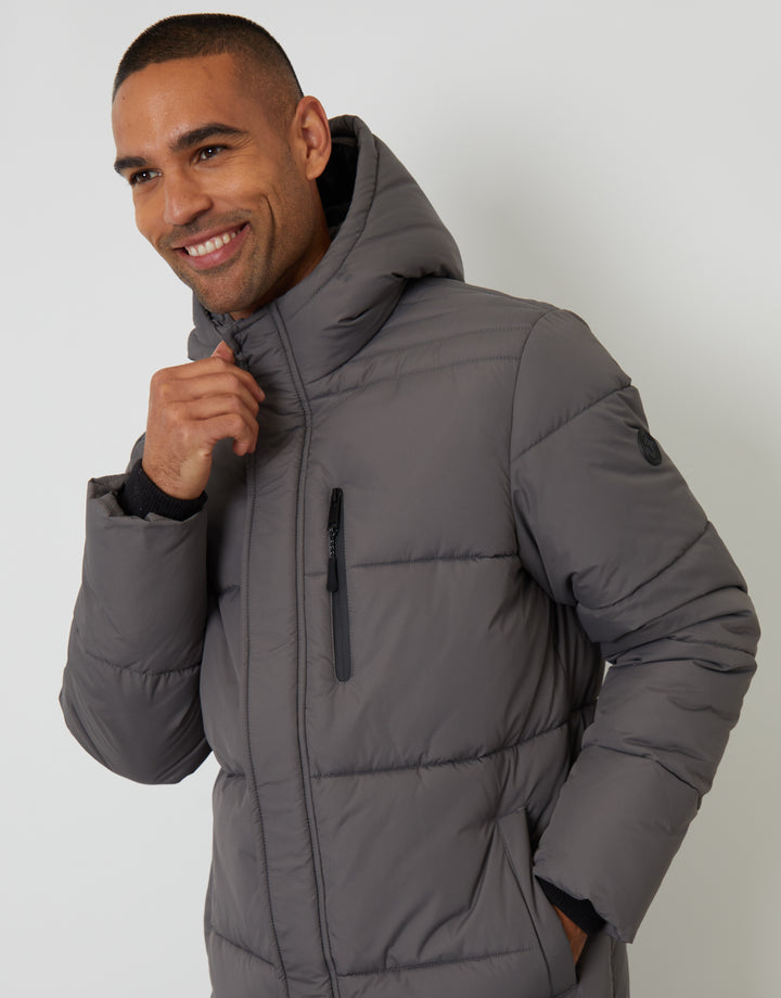 Slate Grey Showerproof Hooded Longline Puffer Jacket