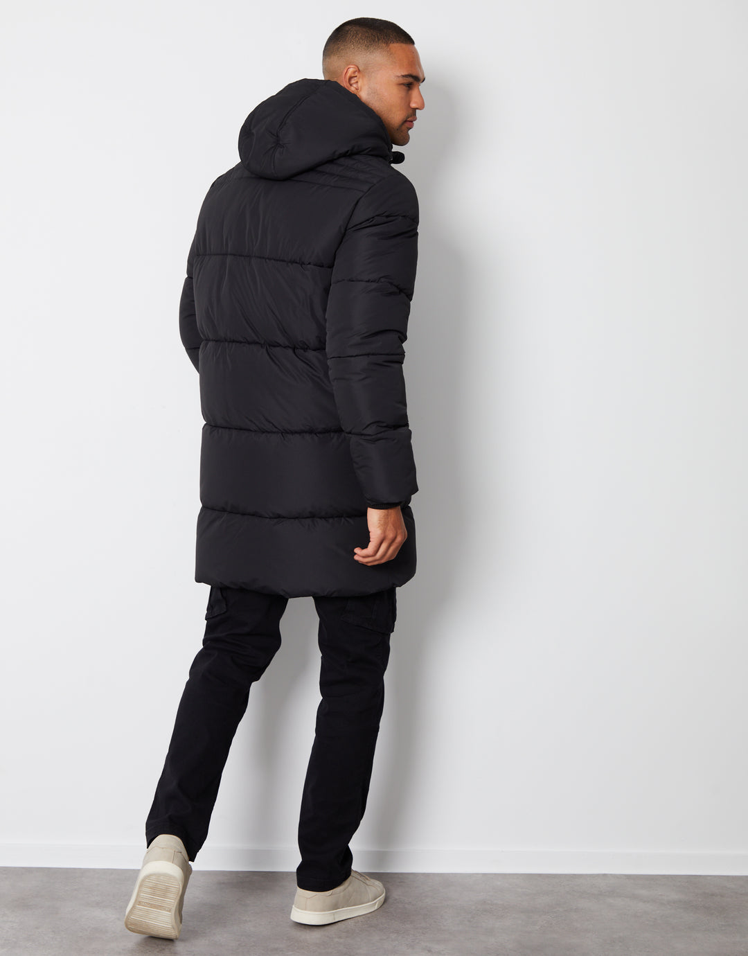 Black Showerproof Hooded Longline Puffer Jacket
