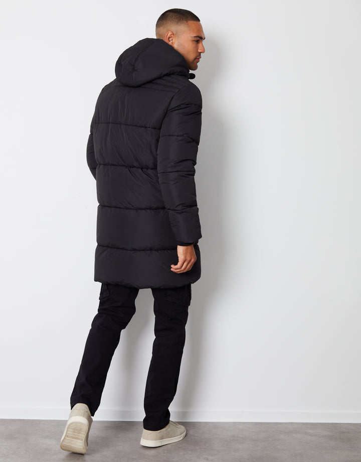 Black Showerproof Hooded Longline Puffer Jacket