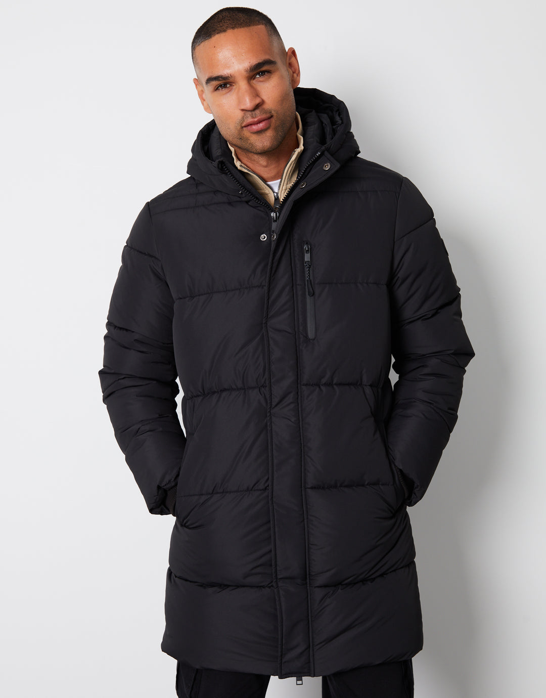 Black Showerproof Hooded Longline Puffer Jacket