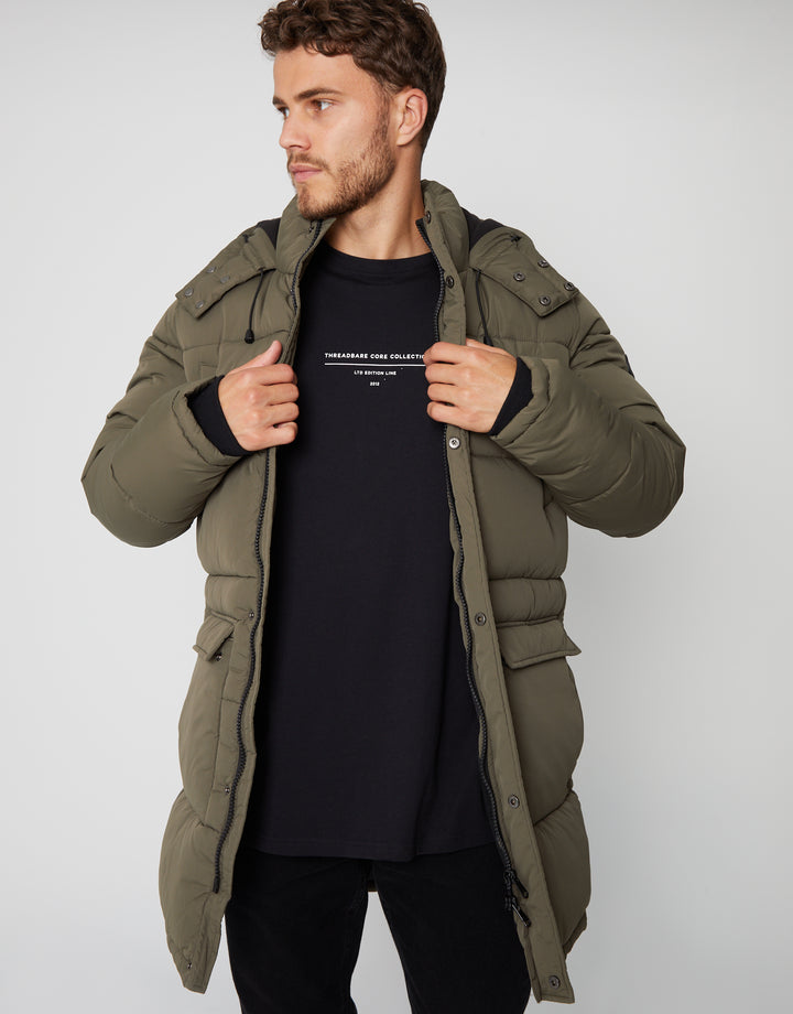 Khaki Green Showerproof Longline Hooded Puffer Jacket