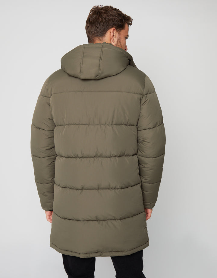 Khaki Green Showerproof Longline Hooded Puffer Jacket