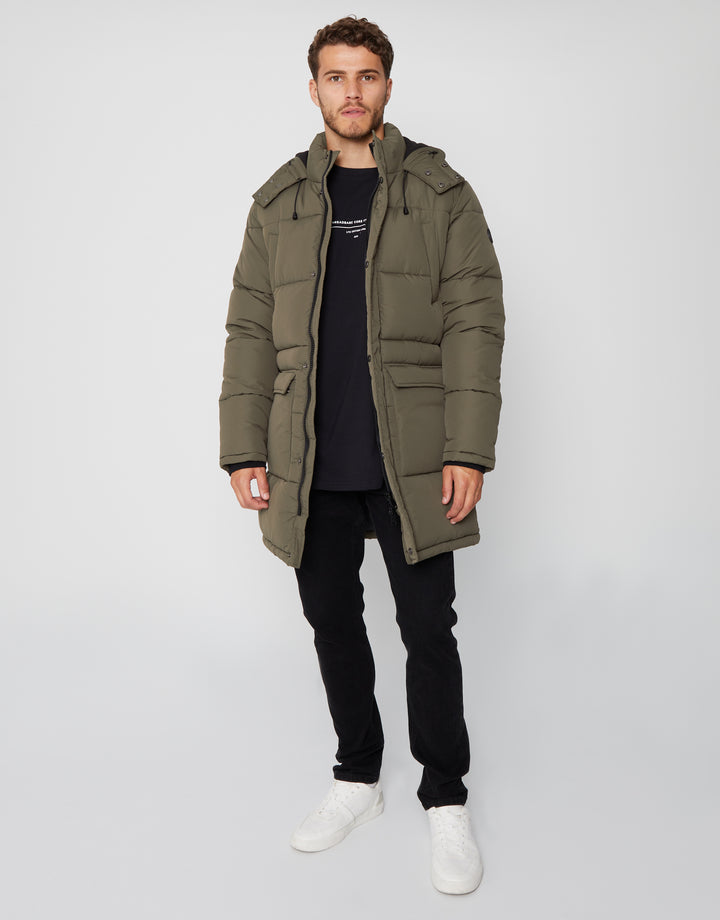 Khaki Green Showerproof Longline Hooded Puffer Jacket