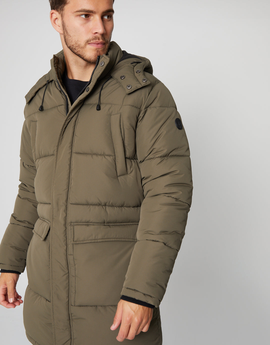 Khaki Green Showerproof Longline Hooded Puffer Jacket