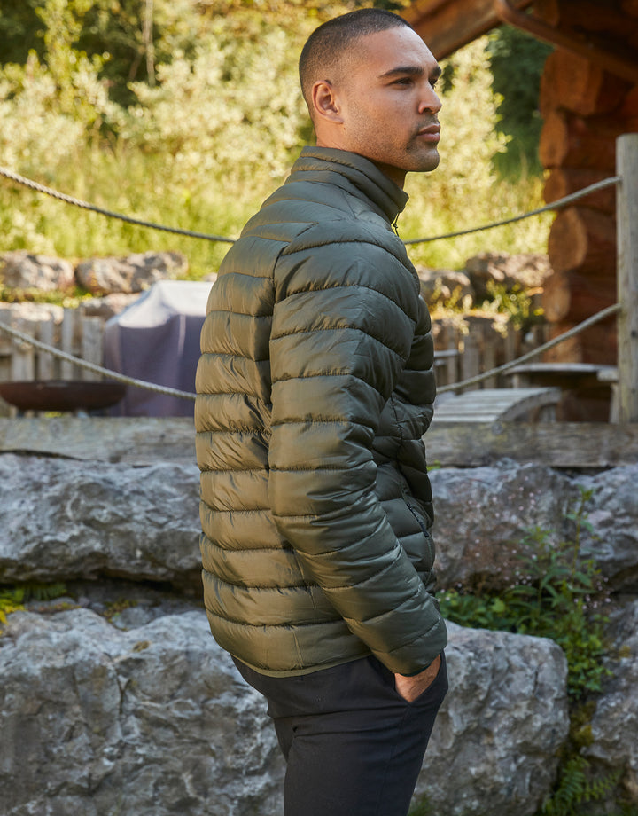 Khaki Green Matte Finish Padded Funnel Neck Jacket