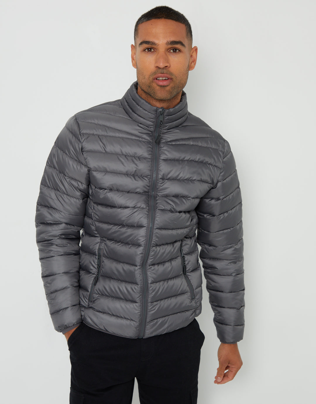 Slate Grey Matte Finish Padded Funnel Neck Jacket