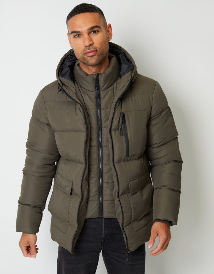 Khaki Green Showerproof Double Layer Puffer Jacket