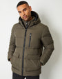 Threadbare Showerproof Double Layer Puffer Jacket in Khaki Green - front view, zipped up
