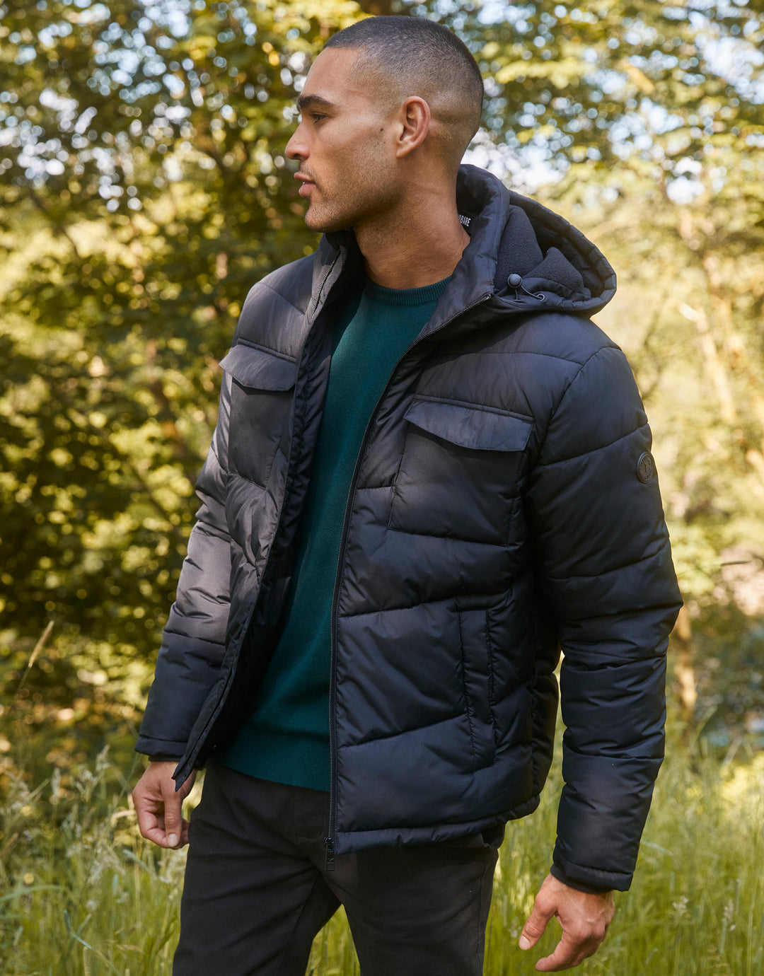 Black Showerproof 4 Pocket Hooded Puffer Jacket