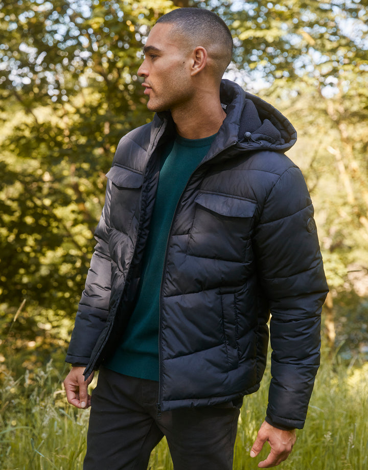 Black Showerproof 4 Pocket Hooded Puffer Jacket