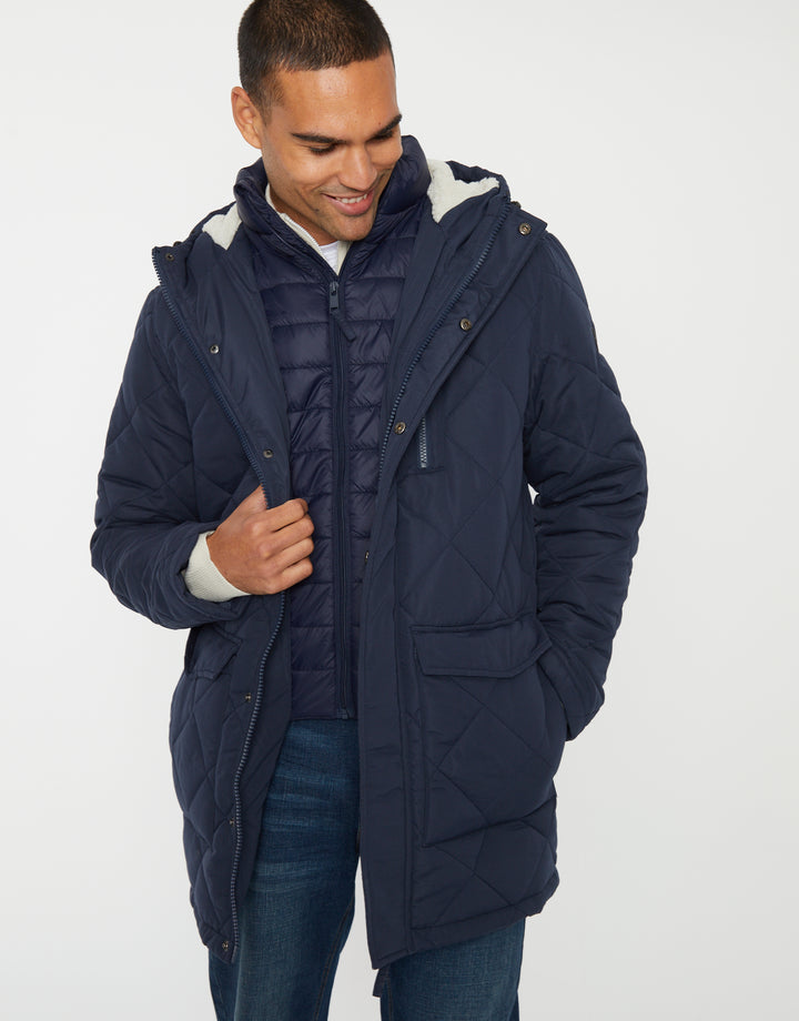 Showerproof Quilted Borg-Lined Hood Double Layer Coat in Navy