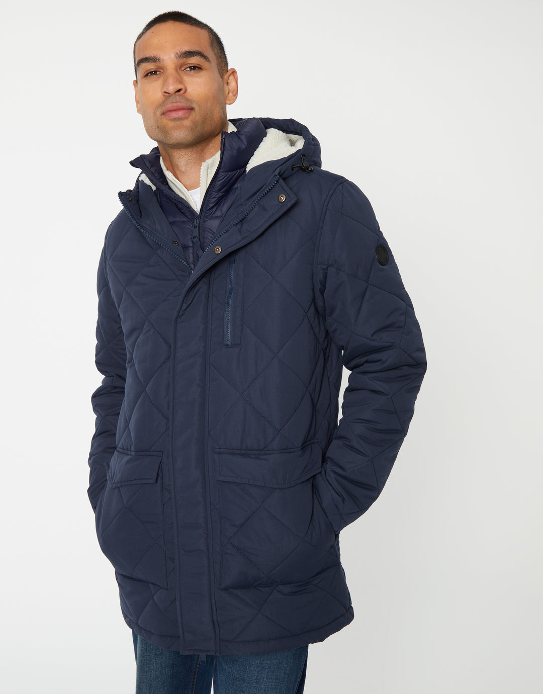 Showerproof Quilted Borg-Lined Hood Double Layer Coat in Navy