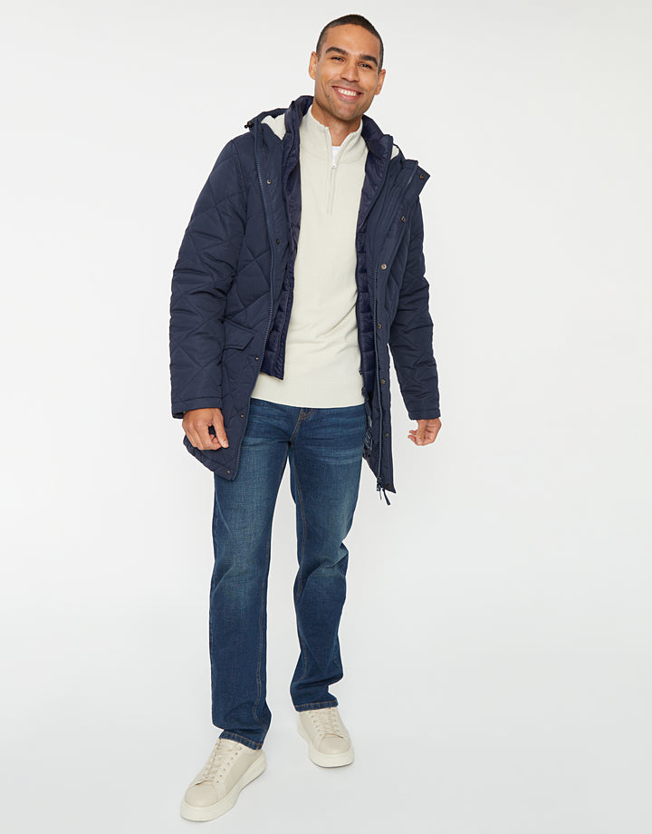 Showerproof Quilted Borg-Lined Hood Double Layer Coat in Navy