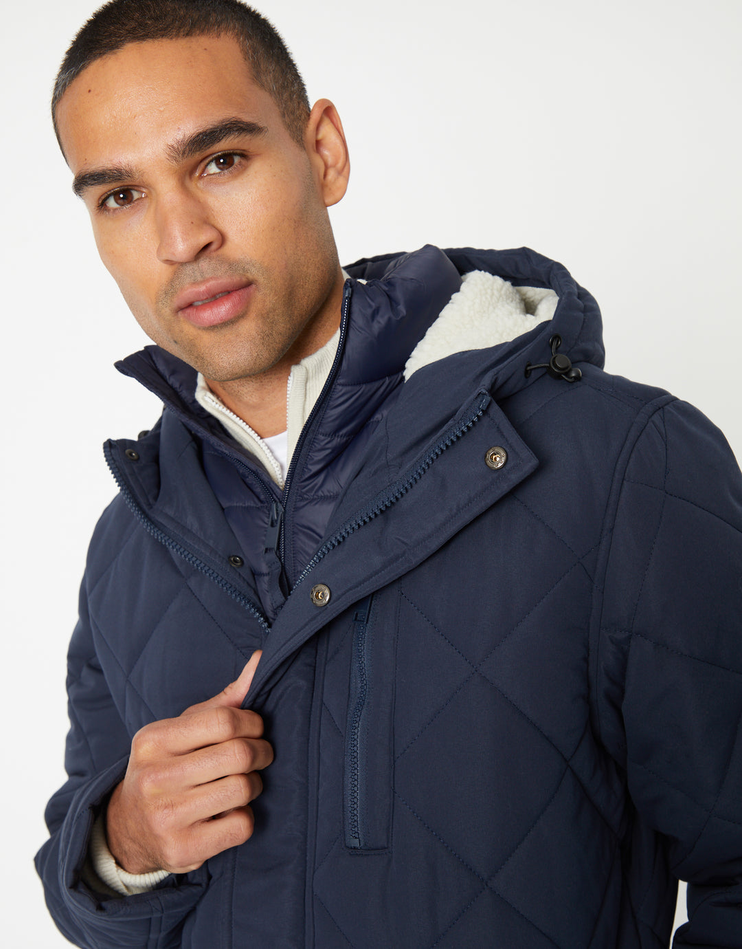Showerproof Quilted Borg-Lined Hood Double Layer Coat in Navy