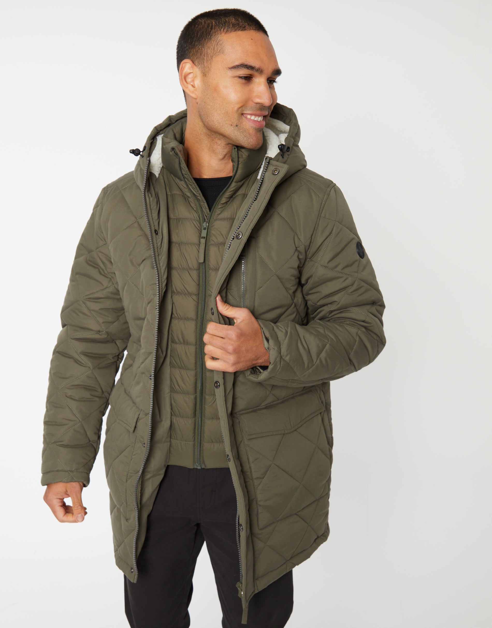 Threadbare Men's Khaki Green Showerproof Quilted Borg-Lined Hood