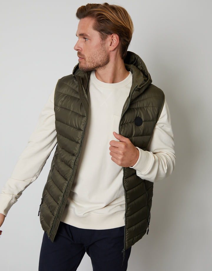 Threadbare Matte Finish Padded Hooded Gilet in Khaki Green - front view, worn open