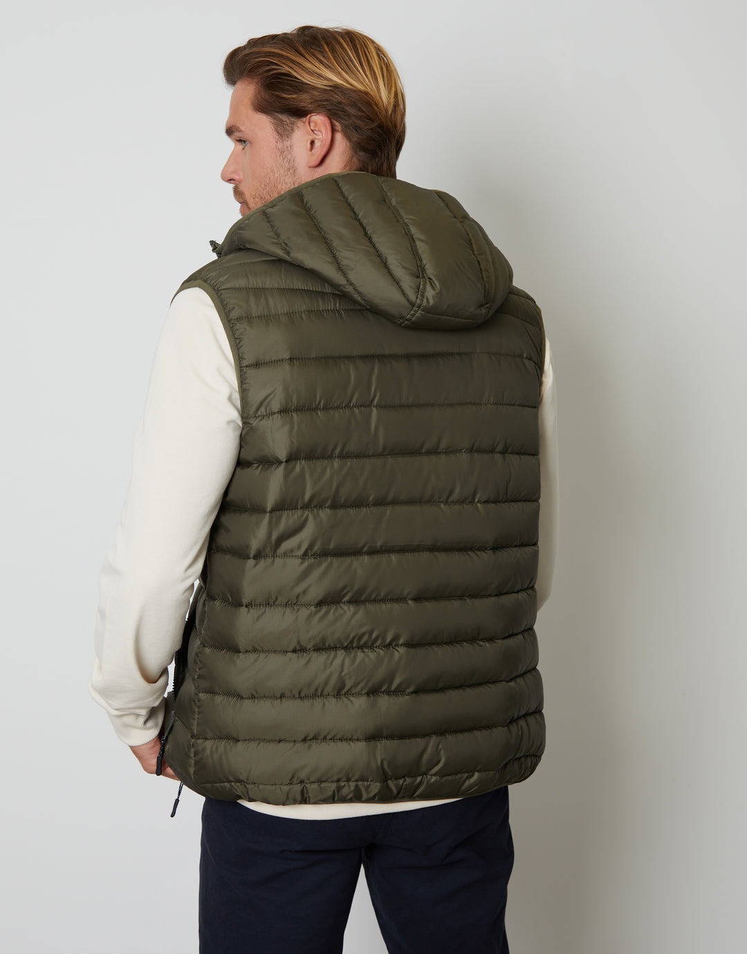 Threadbare Matte Finish Padded Hooded Gilet in Khaki Green - back view