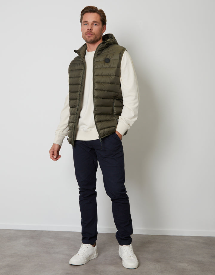 Threadbare Matte Finish Padded Hooded Gilet in Khaki Green - full body