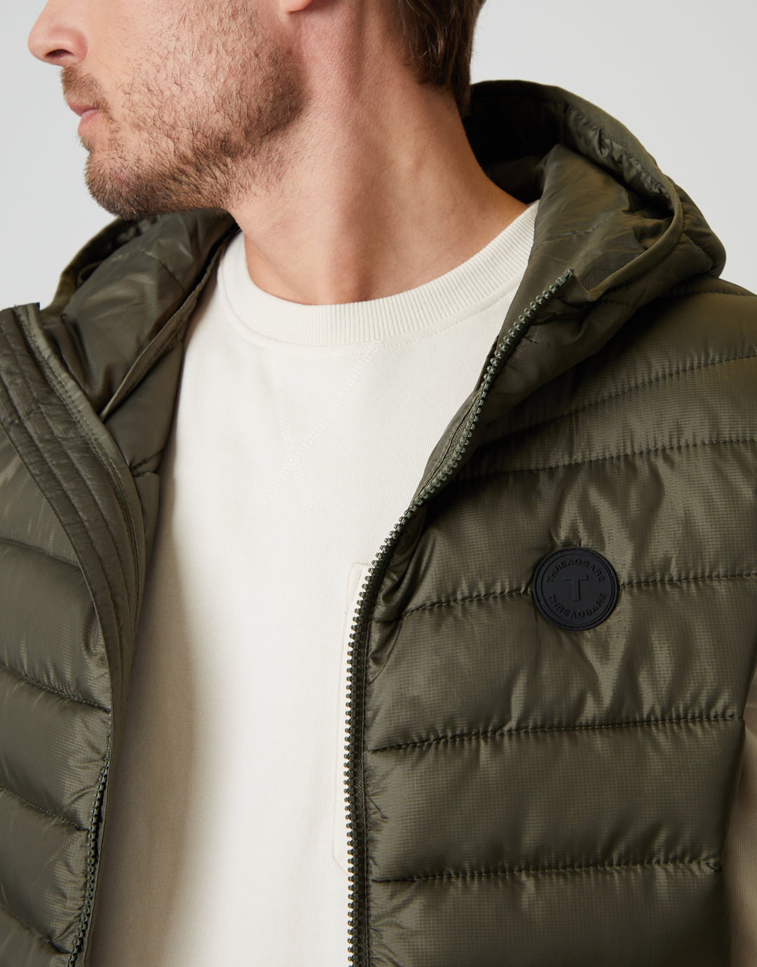 Threadbare Matte Finish Padded Hooded Gilet in Khaki Green - front view close up
