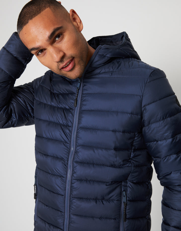 Navy Matte Finish Padded Hooded Jacket