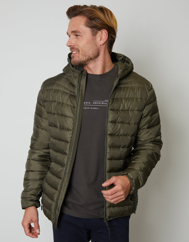 Khaki Green Matte Finish Padded Hooded Jacket