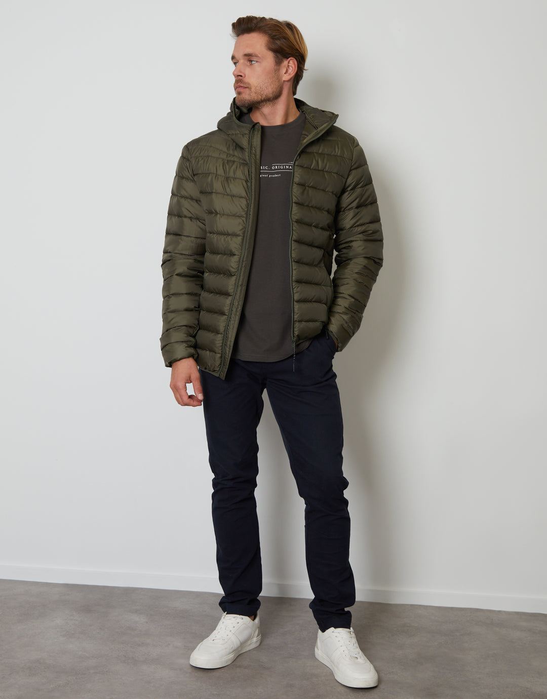 Khaki Green Matte Finish Padded Hooded Jacket
