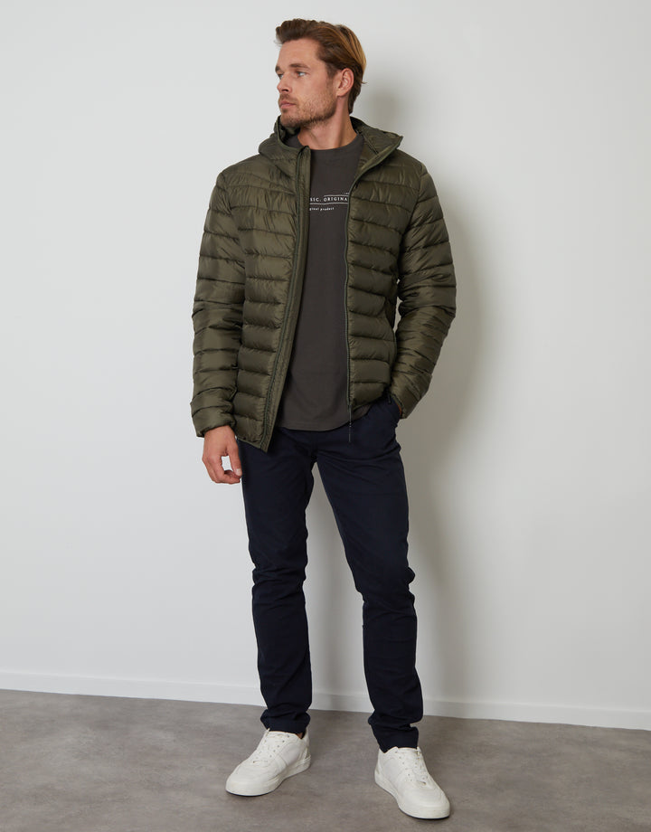 Khaki Green Matte Finish Padded Hooded Jacket