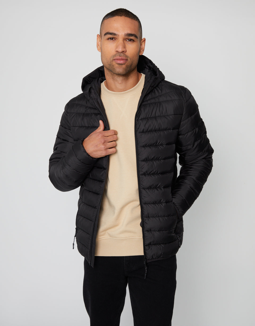 Black Matte Finish Padded Hooded Jacket