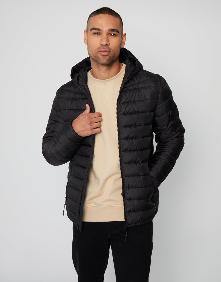 Black Matte Finish Padded Hooded Jacket