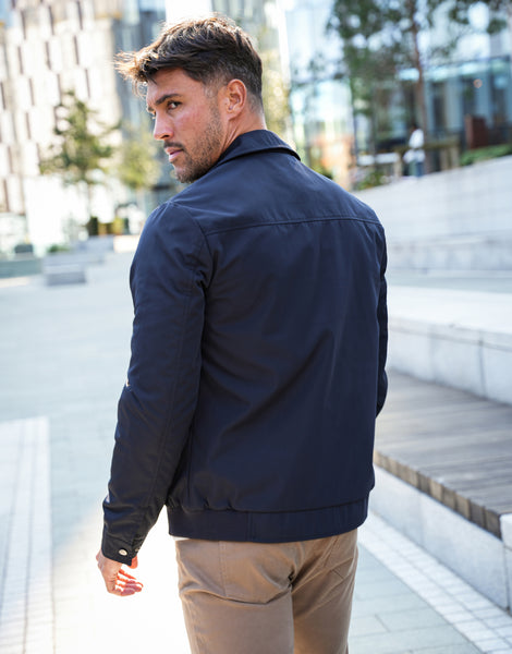 Threadbare Luxe Men's Navy Showerproof Zip Up Collared Lightweight Jacket