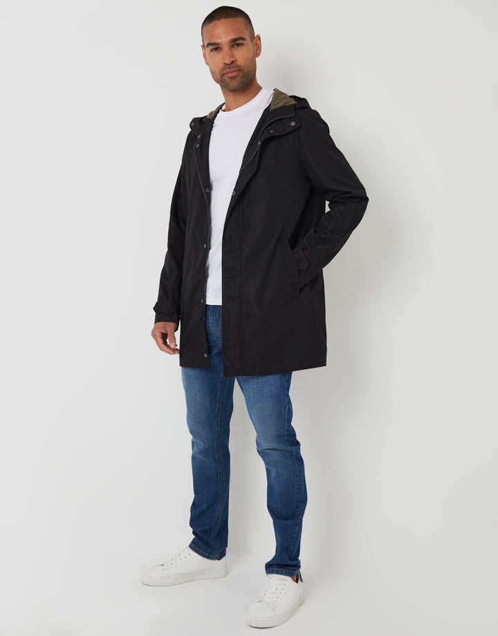 Black Showerproof Zip Up Hooded Raincoat