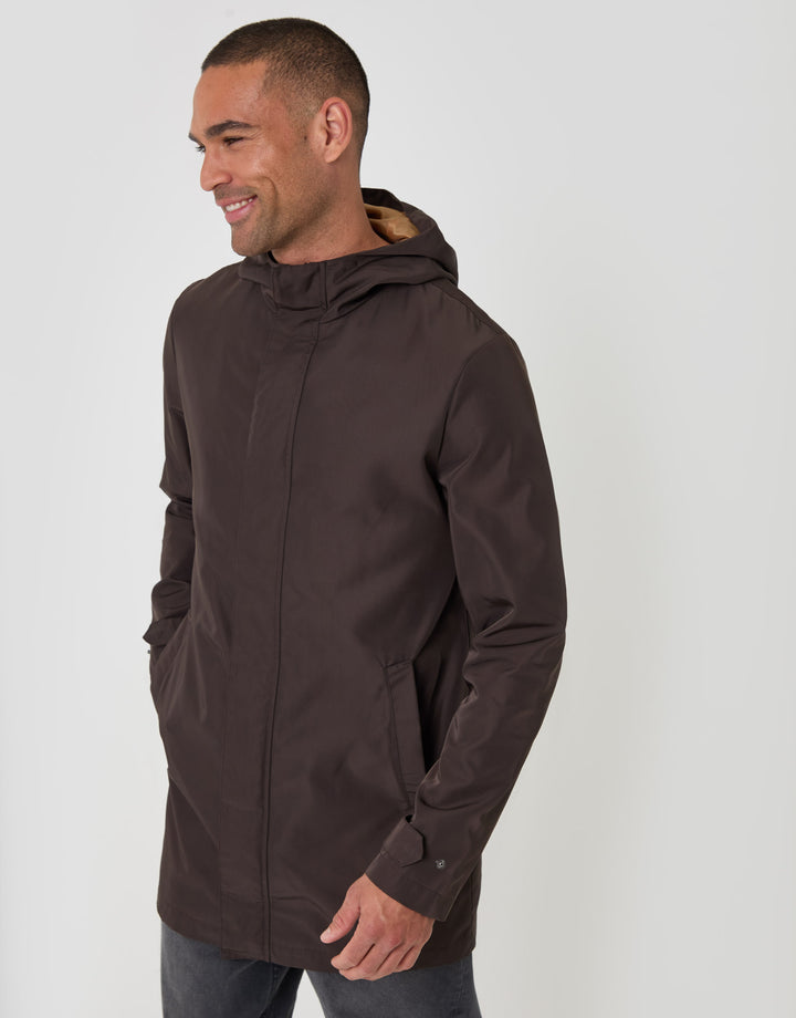 Threadbare Showerproof Hooded Longline Mac in Chocolate Brown - front view