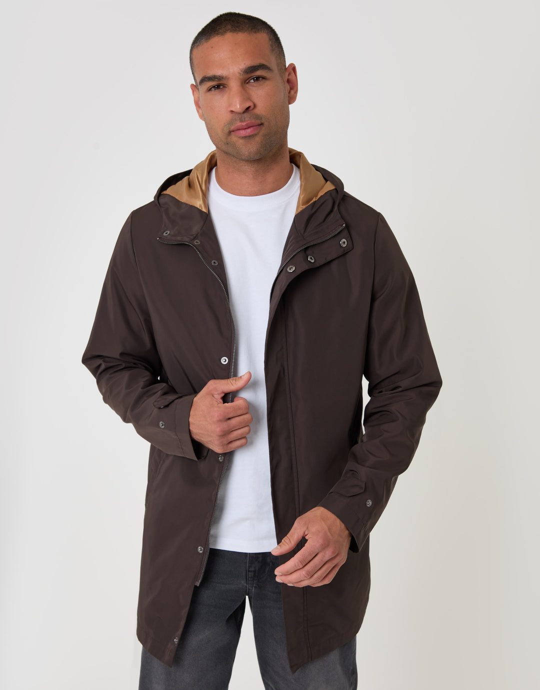 Threadbare Showerproof Hooded Longline Mac in Chocolate Brown - front open view