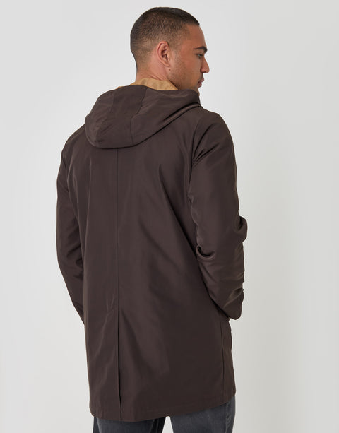 Threadbare Showerproof Hooded Longline Mac in Chocolate Brown - back view