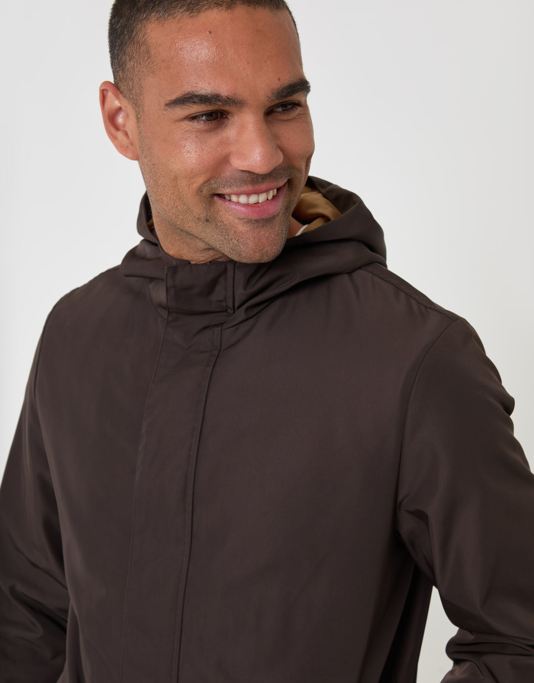 Threadbare Showerproof Hooded Longline Mac in Chocolate Brown - close up