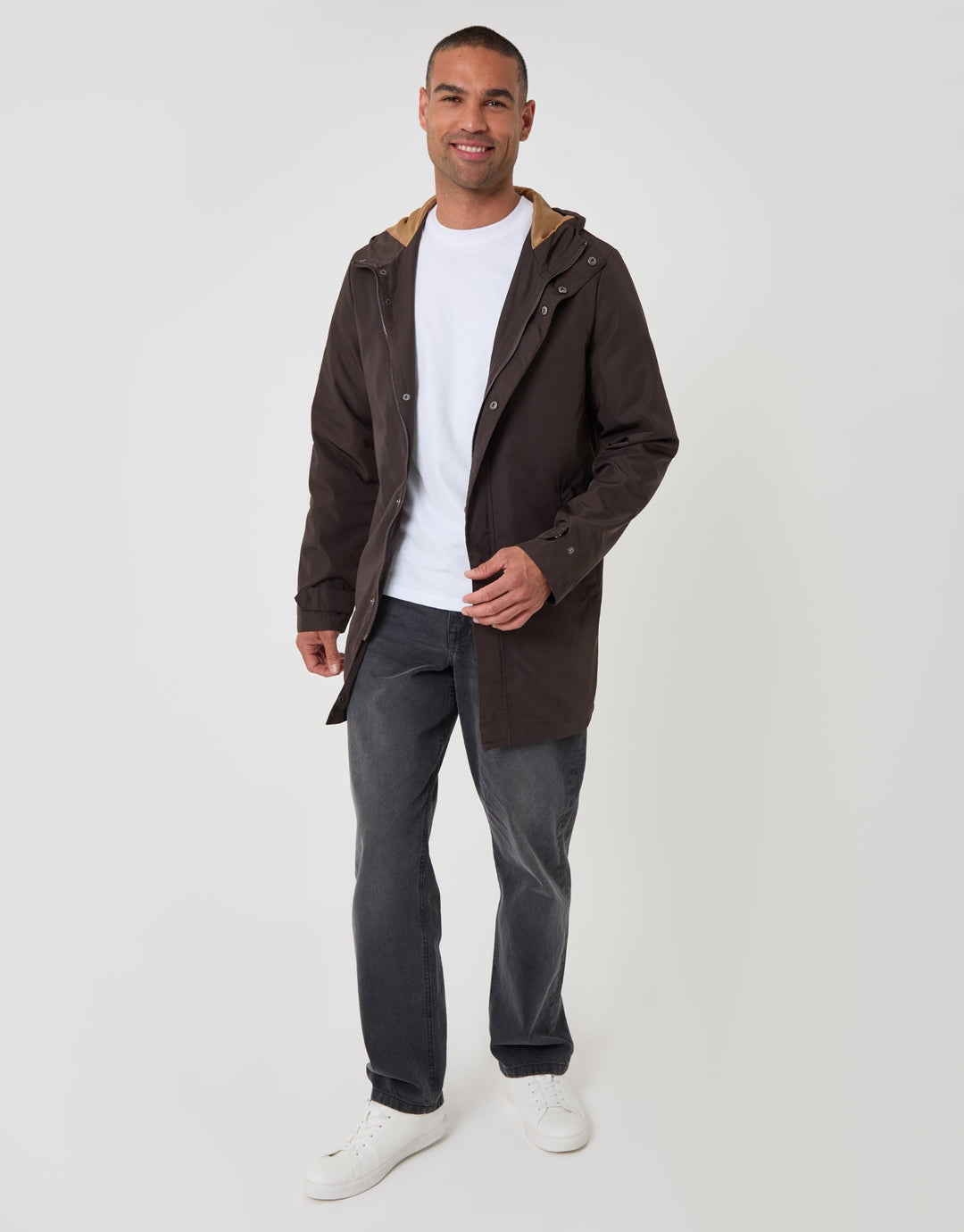 Threadbare Showerproof Hooded Longline Mac in Chocolate Brown - full body