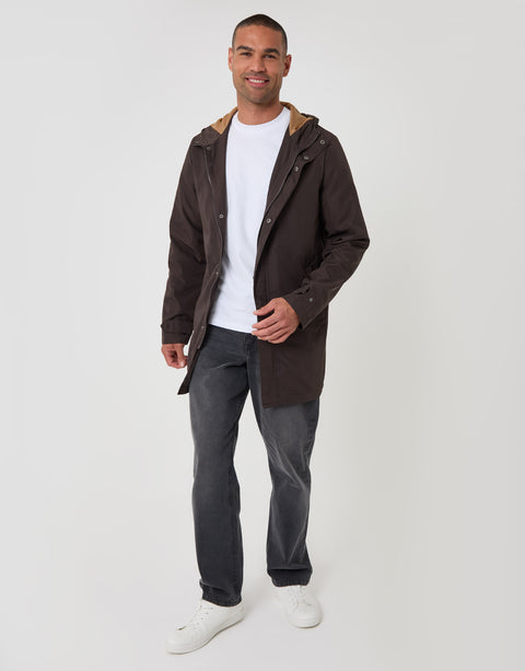 Threadbare Showerproof Hooded Longline Mac in Chocolate Brown - full body