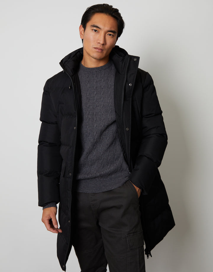 Threadbare Luxe Men's Black Showerproof Longline Padded Coat