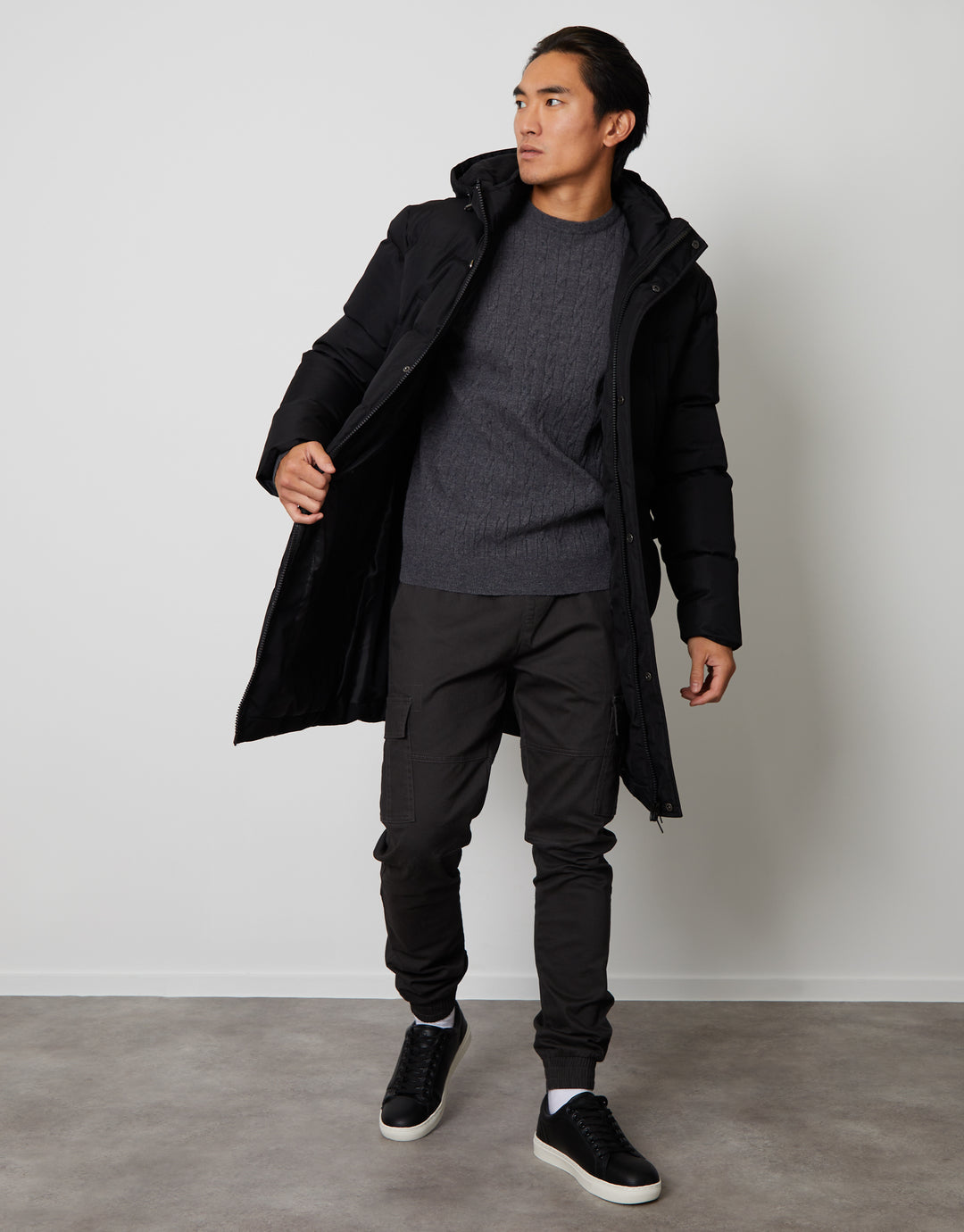 Threadbare Luxe Men's Black Showerproof Longline Padded Coat