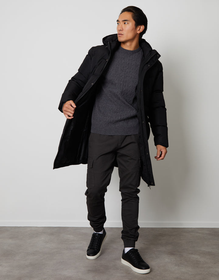 Threadbare Luxe Men's Black Showerproof Longline Padded Coat