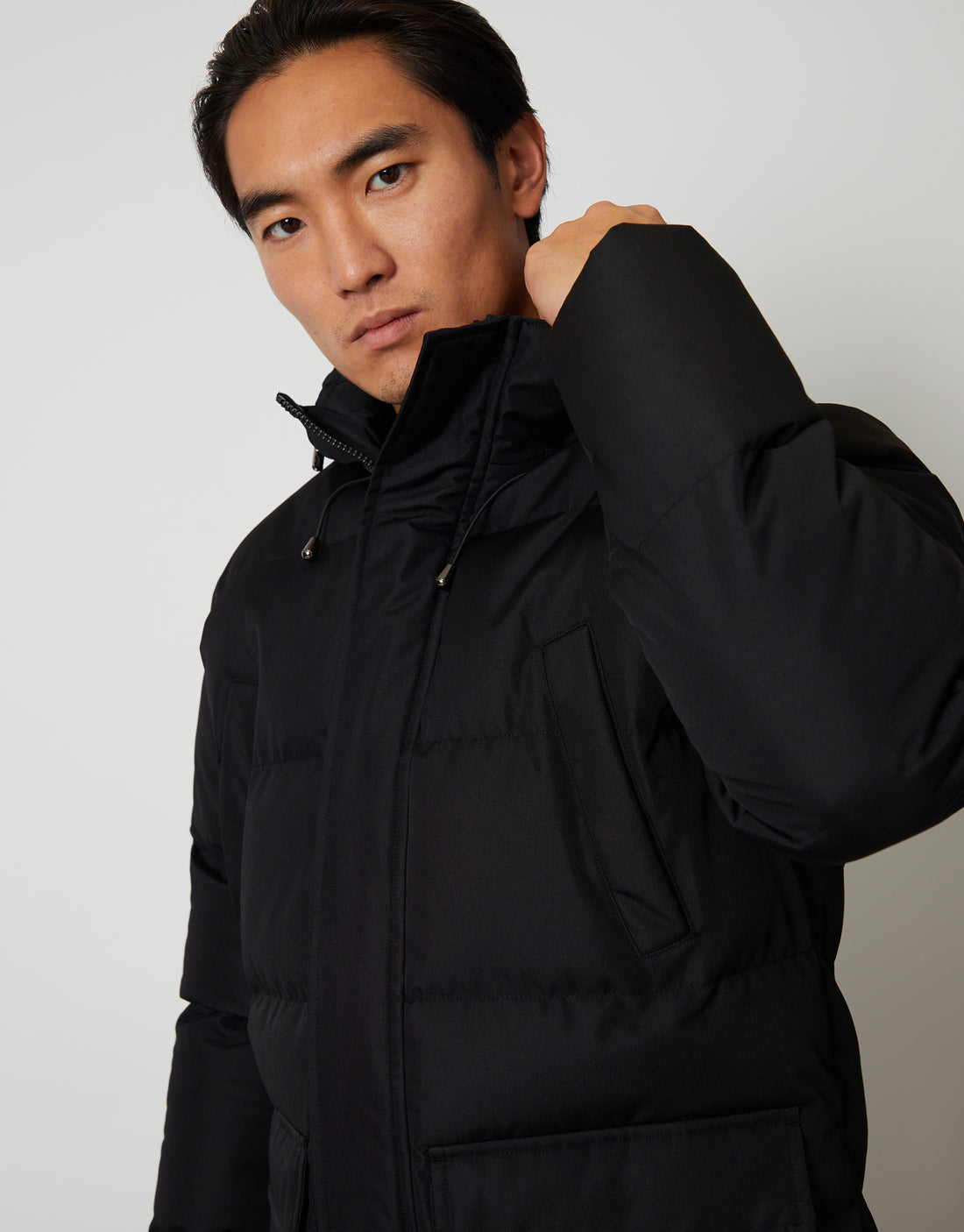 Threadbare Luxe Men's Black Showerproof Longline Padded Hooded Coat